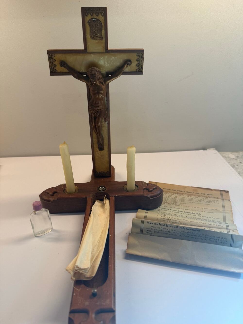 Vintage Last Rites Crucifix Mother of Pearl Wood Hidden Storage Original Pieces